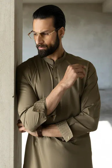 MOSSBURN - OLIVE COTTON EXCLUSIVE KAMEEZ SHALWAR